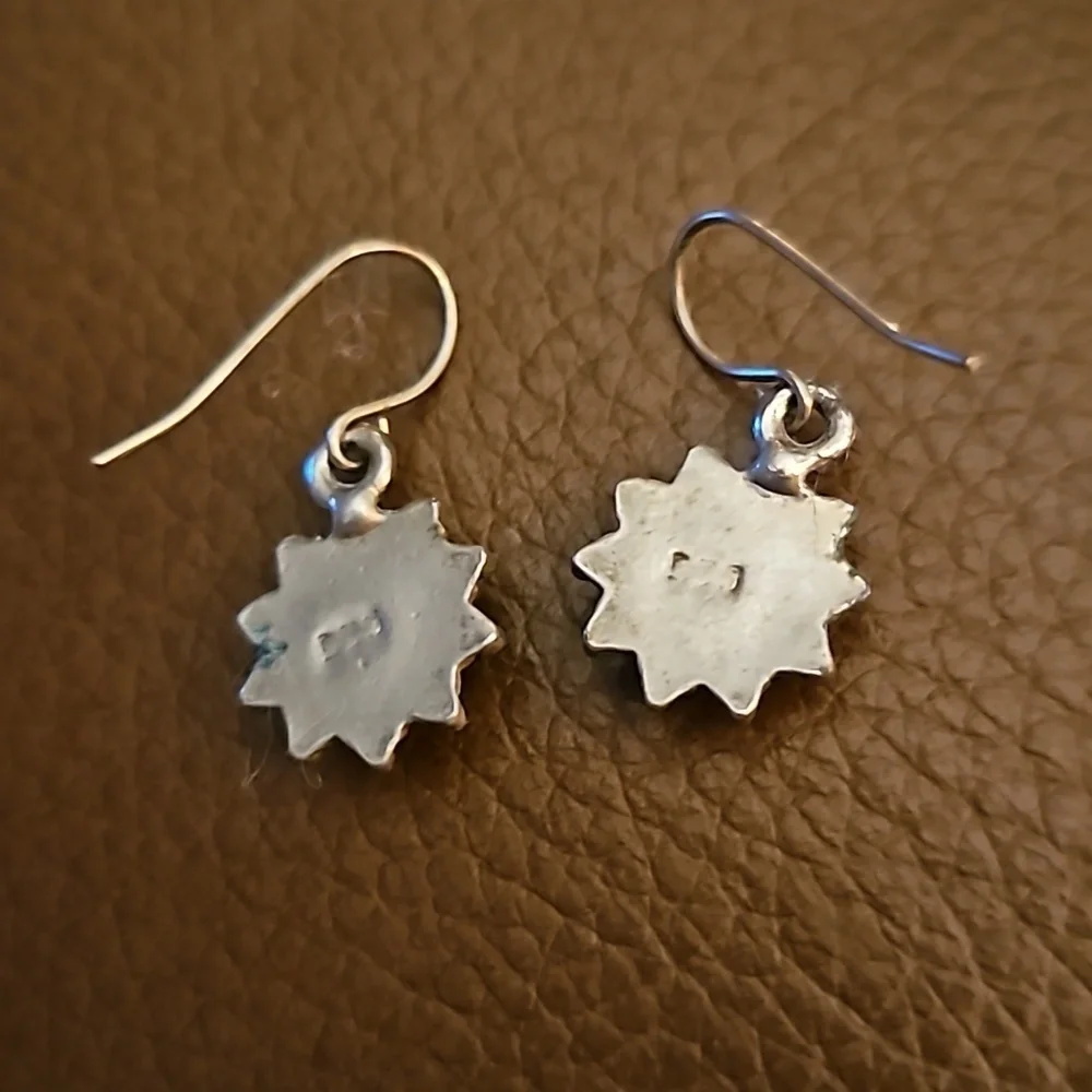 VTG Dainty Sterling Silver Onyx Sunburst Dangle Hook Earrings
